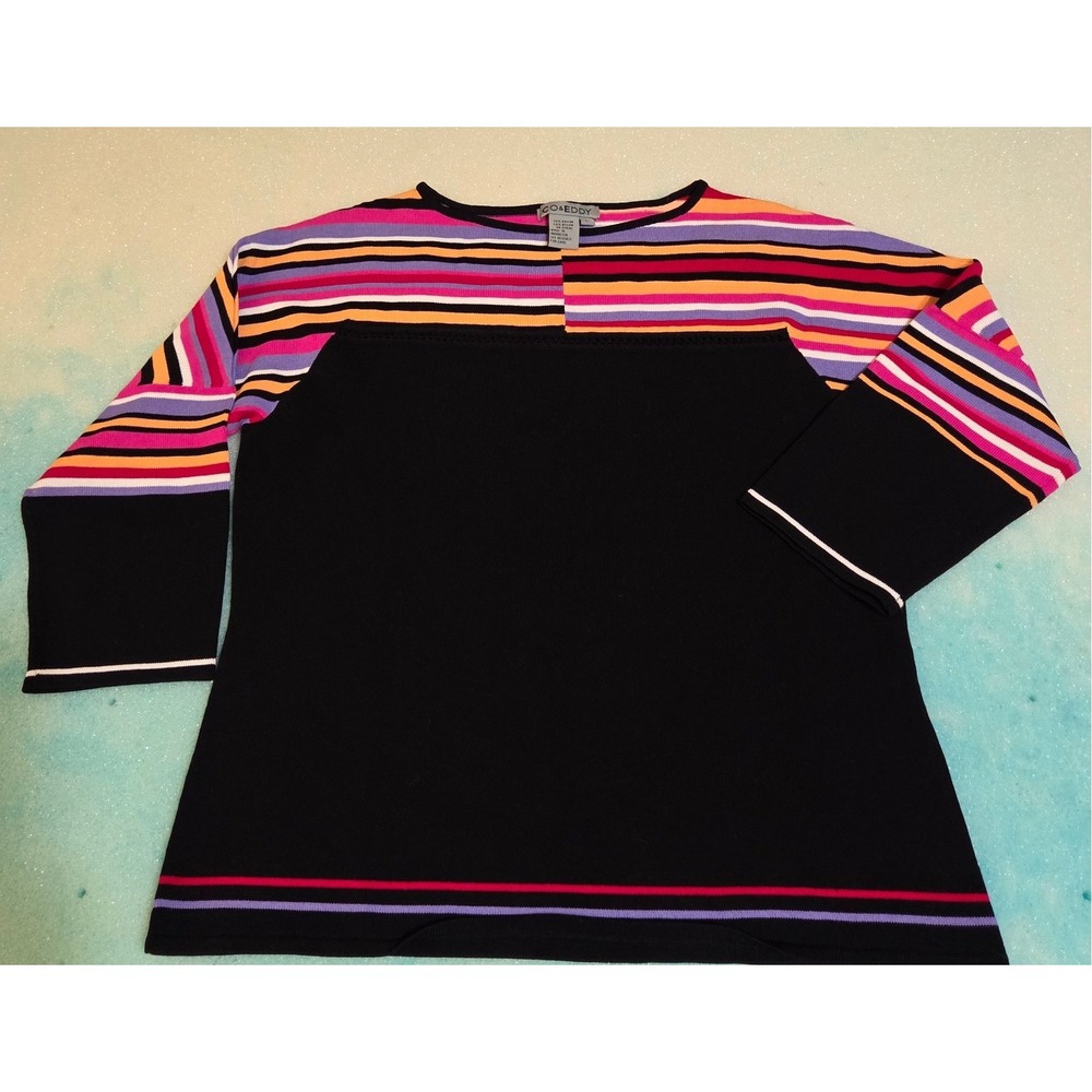 Co & Eddy Womens Large Striped Colorblock Knit Top Boat Neck 3/4 Sleeve Multi